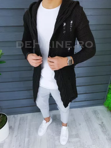 Cardigan barbati negru cu gluga slim fit ZR T3601 35-5